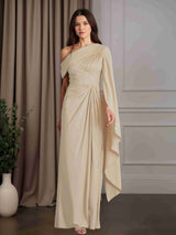 Sheath/Column One-Shoulder Cap Sleeves Floor-Length Mother of the Bride Dresses with Pleats