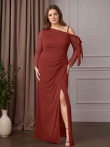 Sheath/Column One-Shoulder Long Sleeves Floor-Length Plus Size Mother of the Bride Dresses with Beaded, Pleated & Split Side