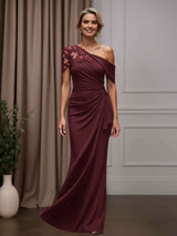 Free Shipping Sheath/Column One-Shoulder Short Sleeves Floor-Length Mother of the Bride Dresses with Appliques