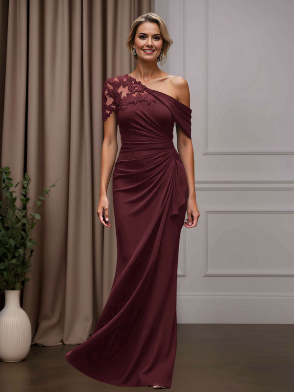 Cabernet Free Shipping Sheath/Column One-Shoulder Short Sleeves Floor-Length Mother of the Bride Dresses with Appliques