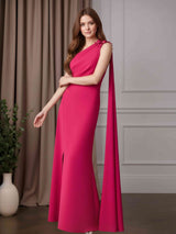 Sheath/Column One-Shoulder Sleeveless Floor-Length Mother of the Bride Dresses with Ruched,3D Flowers & Watteau Train