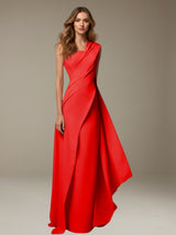 Sheath/Column One-Shoulder Sleeveless Floor Length Prom Dresses with Ruched & Pleats