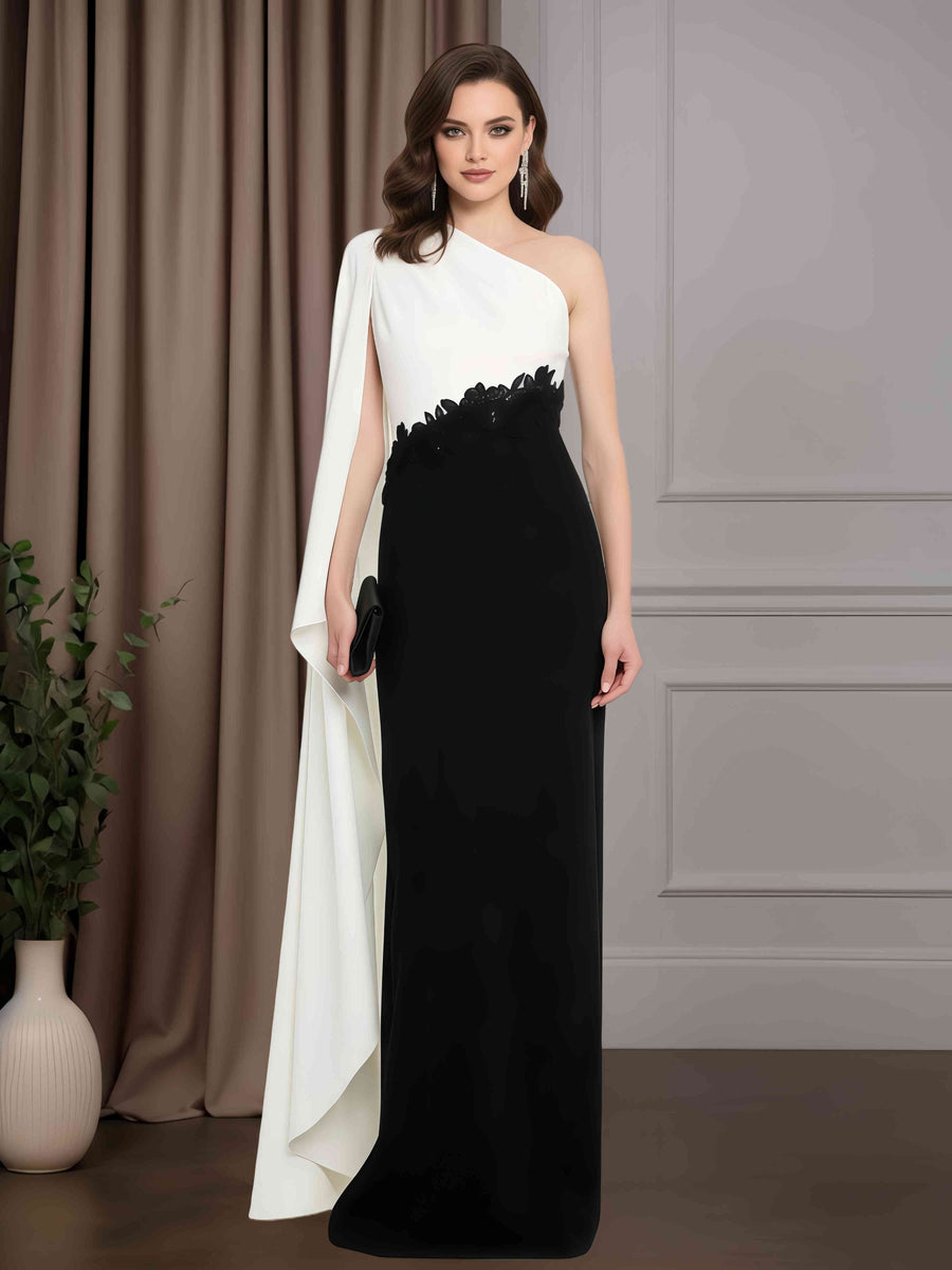 As Picture Sheath/Column One-Shoulder Sleeveless Floor-Length Mother of the Bride Dresses with Appliques & Watteau Train