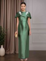 Sheath/Column Round Neck Cap Sleeves Floor-Length Mother of the Bride Dresses with Appliques