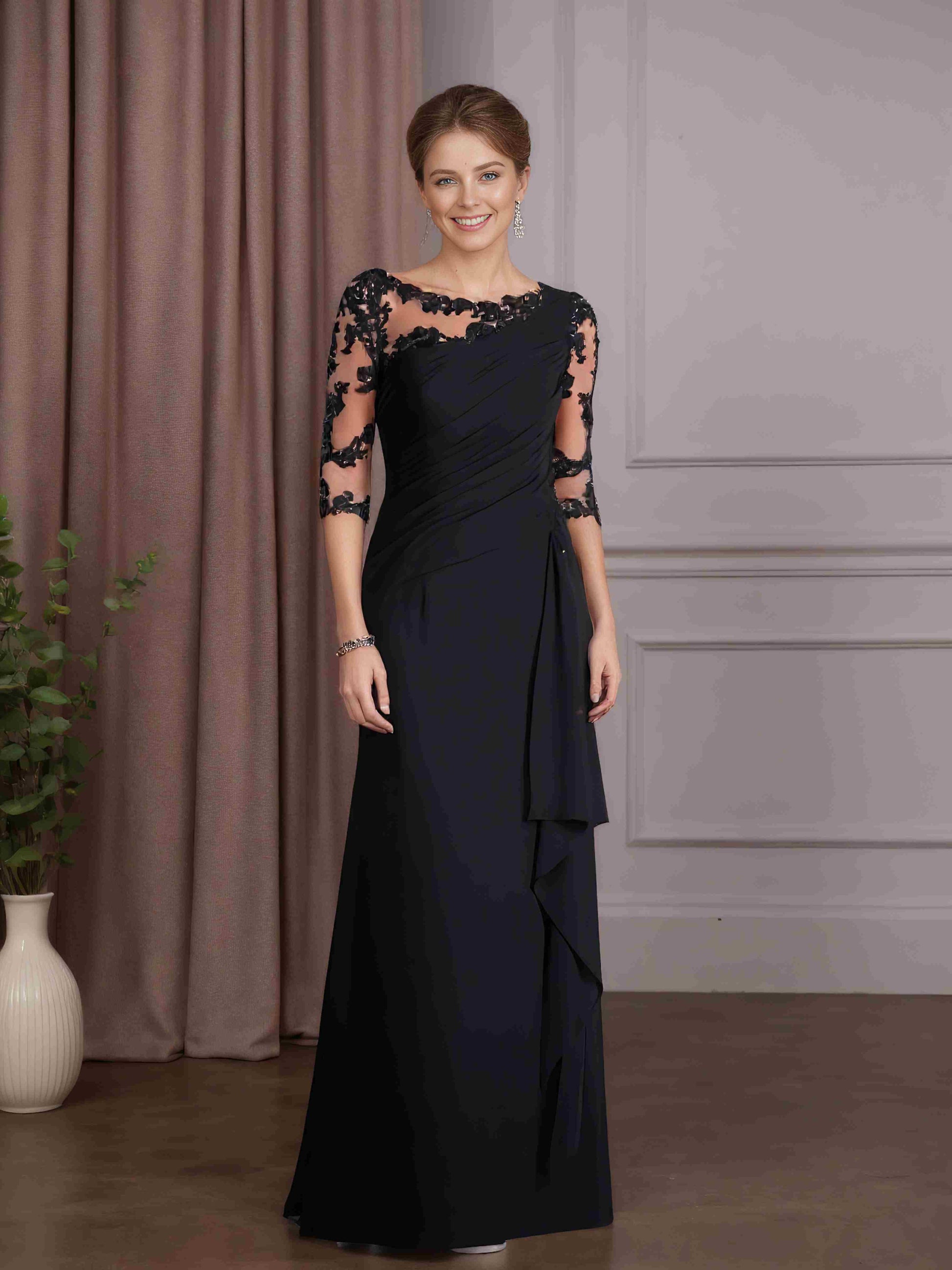 Sheath/Column Scoop Neck Half Sleeves Floor-Length Mother of the Bride mollyevers.com Sheath/Column Scoop Neck Half Sleeves Floor-Length Mother of the Bride mollyevers.com
