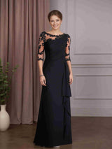 Sheath/Column Scoop Neck Half Sleeves Floor-Length Mother of the Bride Dresses with Lace Appliques & Ruffles