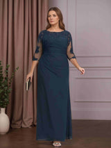 Sheath/Column Scoop Neck Half Sleeves Floor-Length Plus Size Mother of the Bride Dresses with Ruffles & Lace Appliques