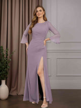 Sheath/Column Scoop Neck Long Sleeves Floor-Length Mother of the Bride Dresses with Ruffles, Appliques & Split Side