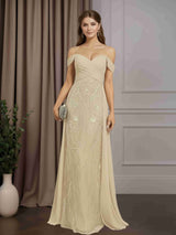 Sheath/Column Spaghetti Straps Off-The-Shoulder Sleeveless Floor-Length Mother of the Bride Dresses with Pleated & Overskirt