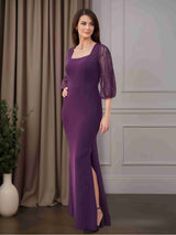 Sheath/Column Square Neck 3/4 Length Sleeves Mother of the Bride Dresse with Beaded & Split Side