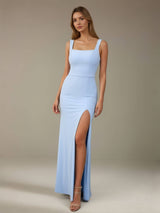 Sheath/Column Square Neck Sleeveless Floor-Length Satin Bridesmaid Dresses with Bowknot & Split Side