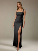Sheath/Column Square Neck Sleeveless Floor-Length Satin Bridesmaid Dresses with Bowknot & Split Side