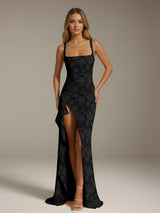 Free Shipping Sheath/Column Square Neck Sleeveless Floor-length Floral Lace Bridesmaid Dresses with Split Side
