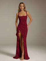 Free Shipping Sheath/Column Square Neck Sleeveless Floor-length Floral Lace Bridesmaid Dresses with Split Side