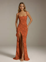 Free Shipping Sheath/Column Square Neck Sleeveless Floor-length Floral Lace Bridesmaid Dresses with Split Side