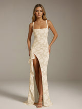 Free Shipping Sheath/Column Square Neck Sleeveless Floor-length Floral Lace Bridesmaid Dresses with Split Side