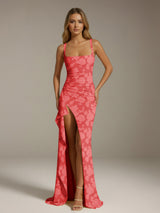 Free Shipping Sheath/Column Square Neck Sleeveless Floor-length Floral Lace Bridesmaid Dresses with Split Side