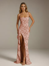 Free Shipping Sheath/Column Square Neck Sleeveless Floor-length Floral Lace Bridesmaid Dresses with Split Side