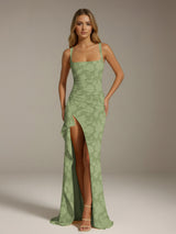 Free Shipping Sheath/Column Square Neck Sleeveless Floor-length Floral Lace Bridesmaid Dresses with Split Side