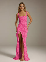 Free Shipping Sheath/Column Square Neck Sleeveless Floor-length Floral Lace Bridesmaid Dresses with Split Side