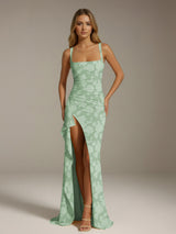 Free Shipping Sheath/Column Square Neck Sleeveless Floor-length Floral Lace Bridesmaid Dresses with Split Side