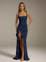 Free Shipping Sheath/Column Square Neck Sleeveless Floor-length Floral Lace Bridesmaid Dresses with Split Side