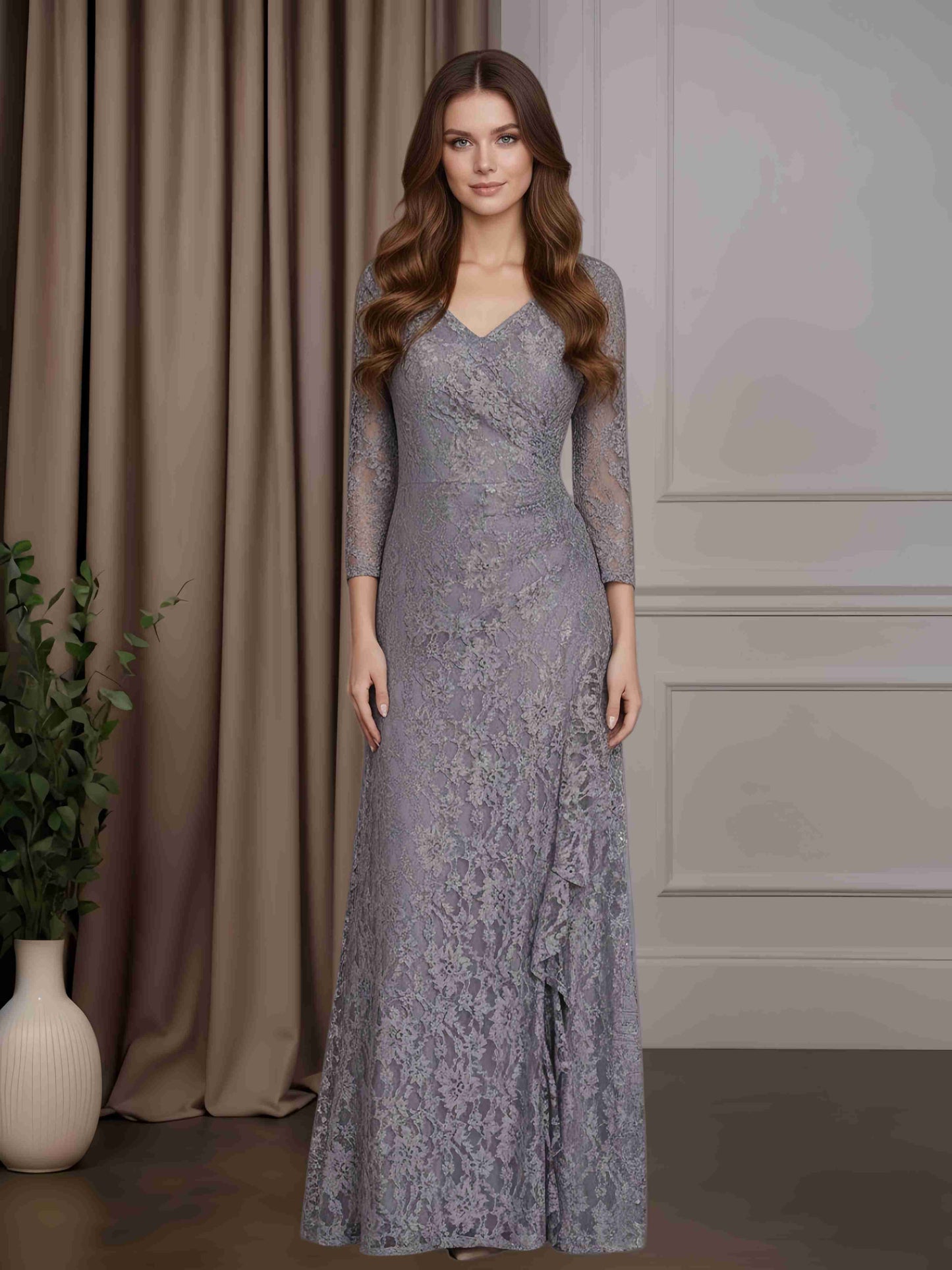 Sheath/Column V-Neck 3/4 Length Sleeves Floor-Length Mother of the Bri mollyevers.com Sheath/Column V-Neck 3/4 Length Sleeves Floor-Length Mother of the Bri mollyevers.com