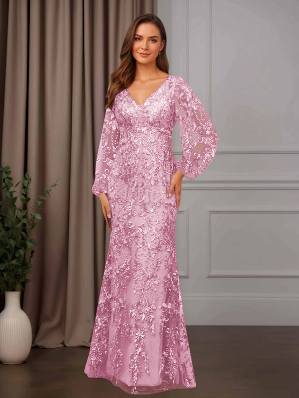 Candy Pink Sheath/Column V-Neck Long Sleeves Floor-Length Mother of the Bride Dresses with Lace Appliques