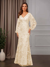 Sheath/Column V-Neck Long Sleeves Floor-Length Mother of the Bride Dresses with Lace Appliques