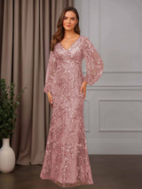 Sheath/Column V-Neck Long Sleeves Floor-Length Mother of the Bride Dresses with Lace Appliques