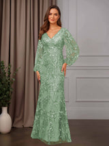 Sheath/Column V-Neck Long Sleeves Floor-Length Mother of the Bride Dresses with Lace Appliques