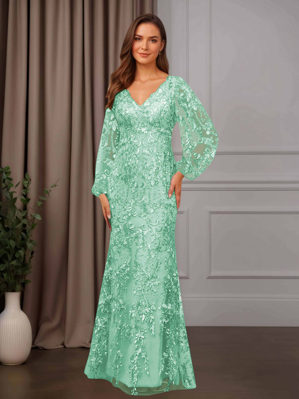 Mint Green Sheath/Column V-Neck Long Sleeves Floor-Length Mother of the Bride Dresses with Lace Appliques