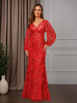 Sheath/Column V-Neck Long Sleeves Floor-Length Mother of the Bride Dresses with Lace Appliques