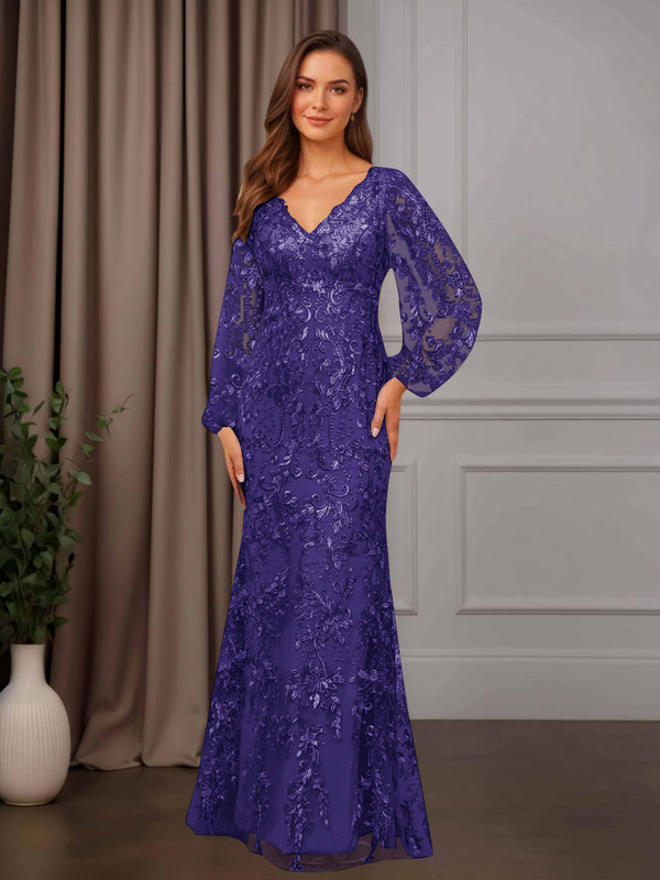 Regency Sheath/Column V-Neck Long Sleeves Floor-Length Mother of the Bride Dresses with Lace Appliques