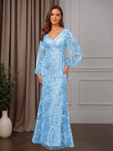 Sheath/Column V-Neck Long Sleeves Floor-Length Mother of the Bride Dresses with Lace Appliques