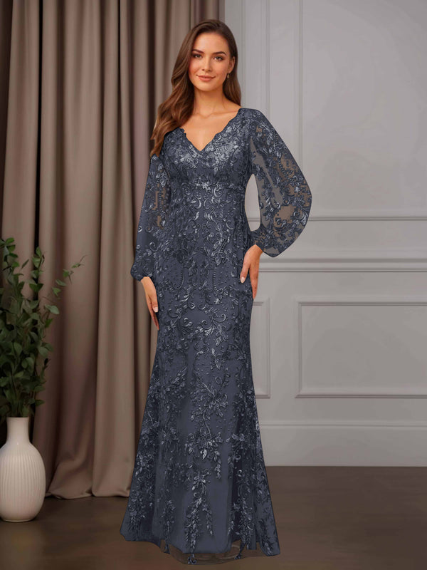 Stormy Sheath/Column V-Neck Long Sleeves Floor-Length Mother of the Bride Dresses with Lace Appliques