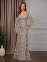 Sheath/Column V-Neck Long Sleeves Floor-Length Mother of the Bride Dresses with Lace Appliques