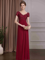 Sheath/Column V-Neck Short Sleeves Floor-Length Mother of the Bride Dresses with Pleated & Rhinestone