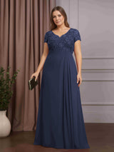 Sheath/Column V-Neck Short Sleeves Floor-Length Plus Size Mother of the Bride Dresses with Pleated & Rhinestone