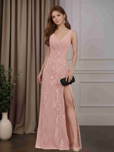 Sheath/Column V-Neck Sleeveless Floor-Length Mother of the Bride Dresses with Pleated, Sequins & Split Side