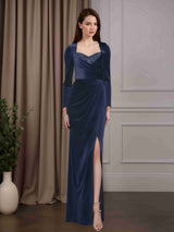 Sheath/Column Sweetheart Neck Long Sleeves Floor-Length Mother of the Bride Dresses with Ruffles, Sequins & Split Side