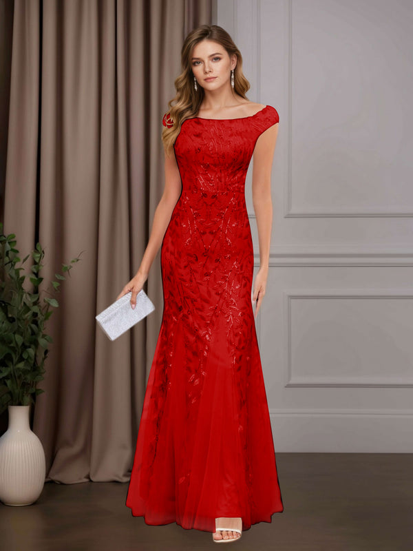 Red Sheath Lace Mother of the Bride Dress Round Neck Short Sleeves Floor Length with Appliques