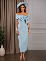 Sheath Off-The-Shoulder Tea-Length Ruched Mother of the Bride Dress with Bow