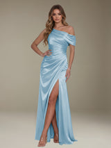 Sheath One Shoulder Ruched Formal Prom Dress with Side Slit