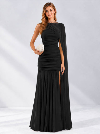 Sheath Ruched Strapless Chiffon Sleeveless Side Slit Wedding Guest Dress with Cape