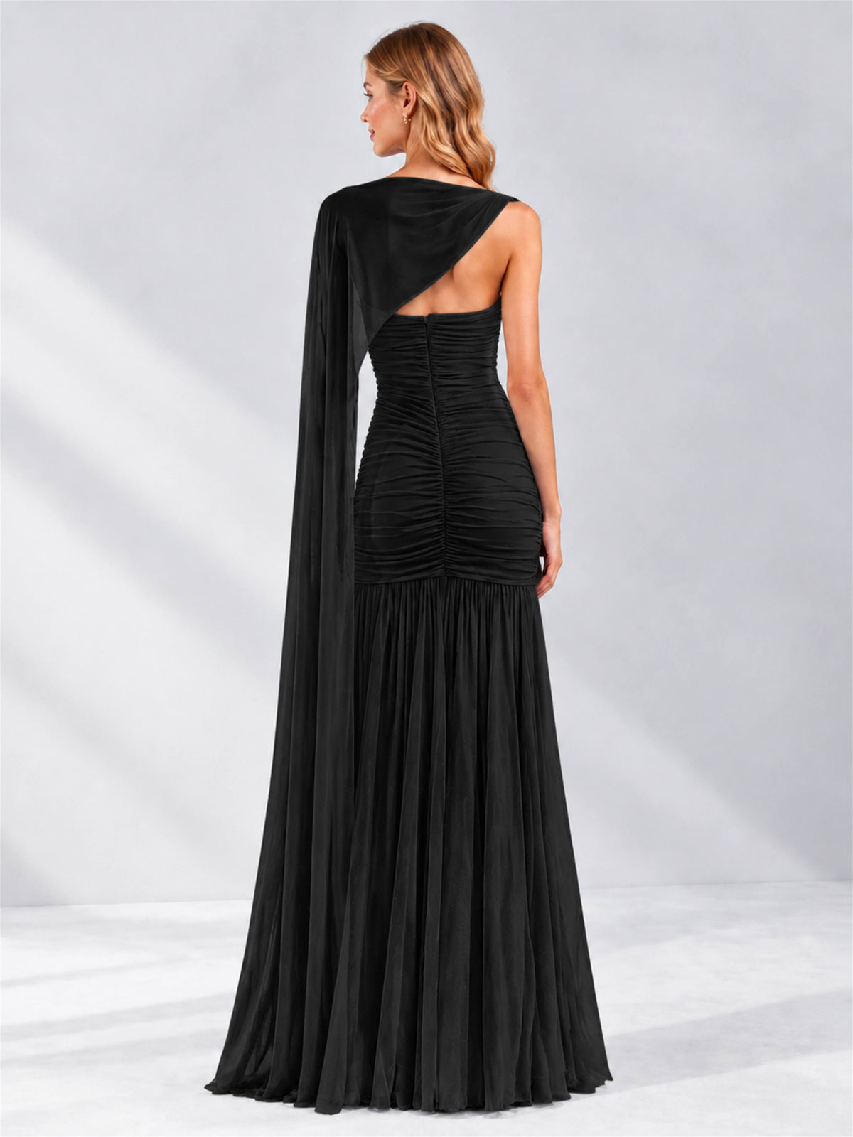 Sheath Ruched Strapless Chiffon Sleeveless Side Slit Wedding Guest Dress with Cape