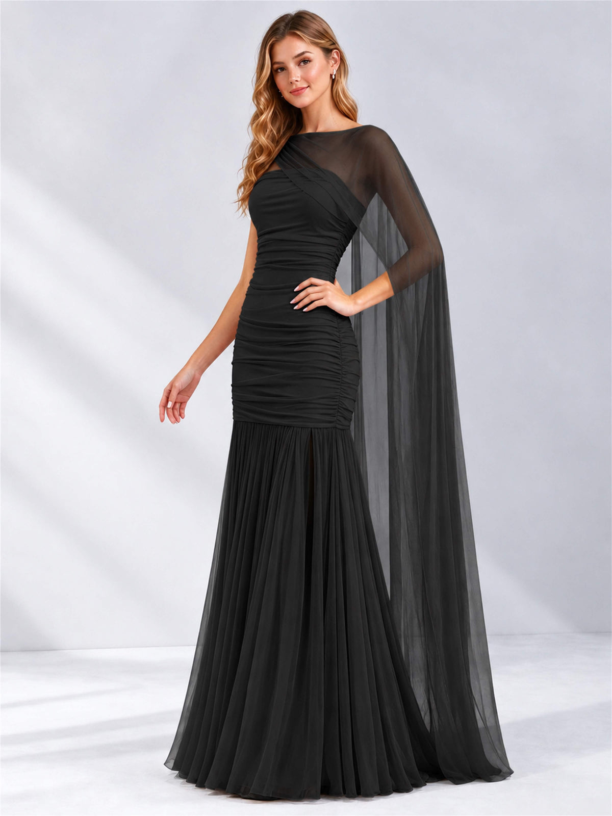 Sheath Ruched Strapless Chiffon Sleeveless Side Slit Wedding Guest Dress with Cape