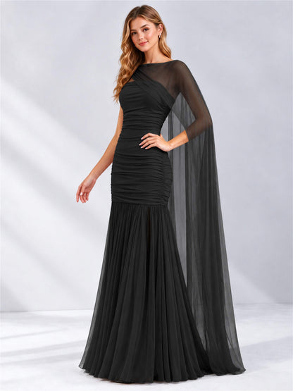 Sheath Ruched Strapless Chiffon Sleeveless Side Slit Wedding Guest Dress with Cape