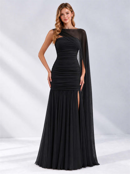 Sheath Ruched Strapless Chiffon Sleeveless Side Slit Wedding Guest Dress with Cape