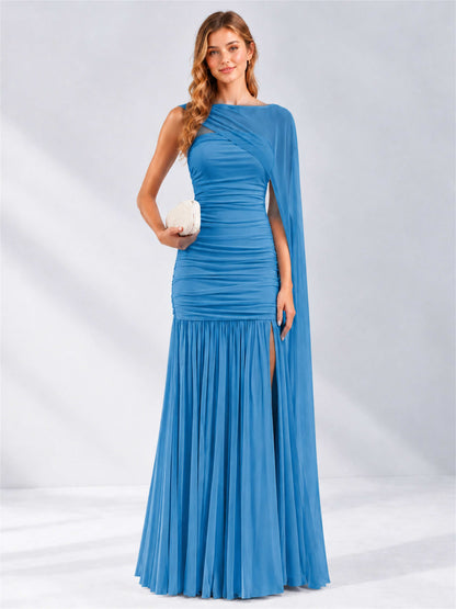 Sheath Ruched Strapless Chiffon Sleeveless Side Slit Wedding Guest Dress with Cape